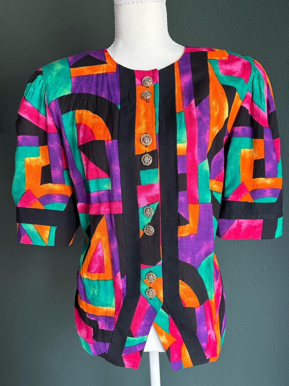 Vintage Tracy Richards Geometric Blouse 14WP Made USA Colorful Shoulder Pad Top
